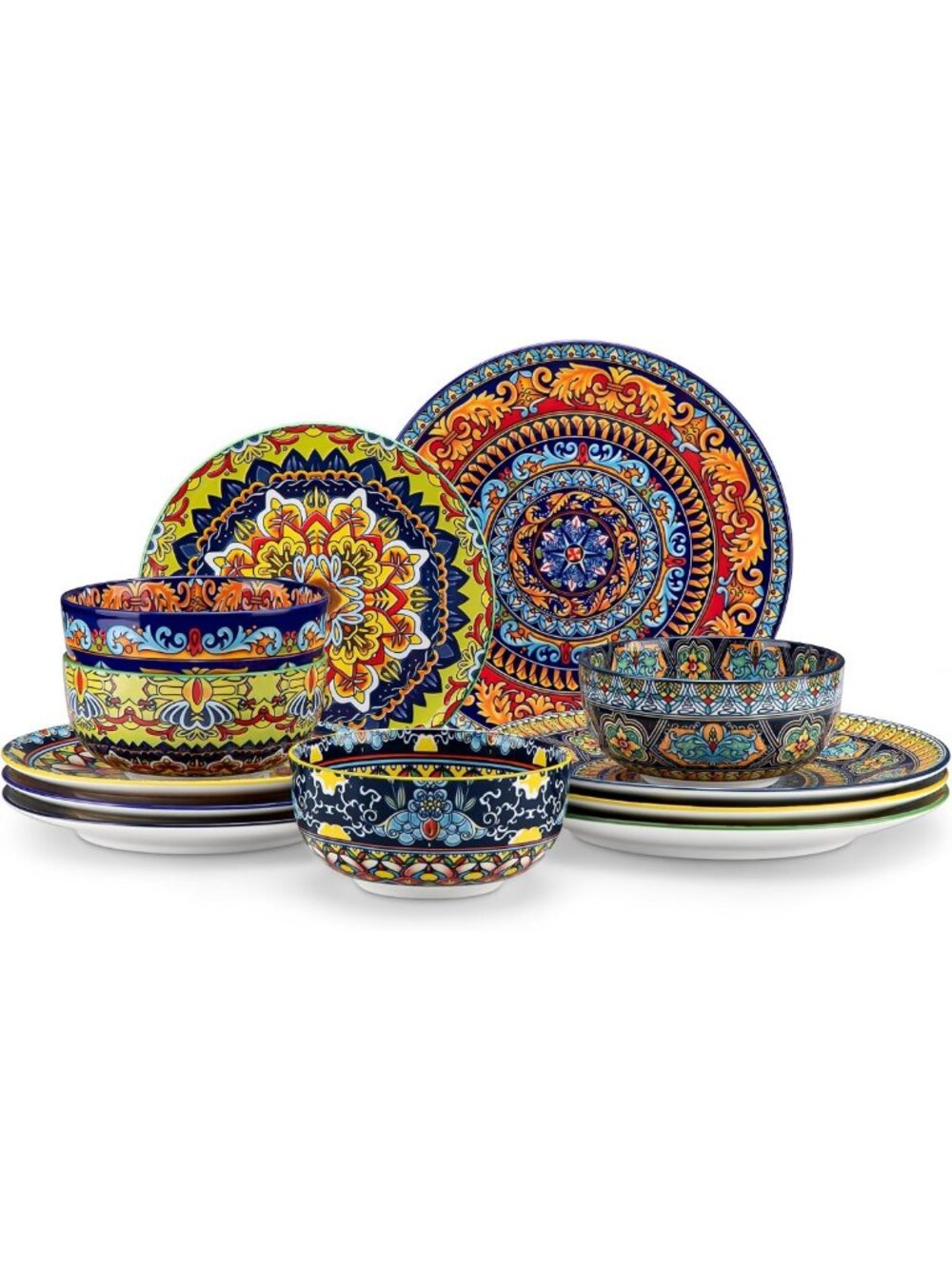 12-Piece Bohemian Dinnerware Set for 4 - Porcelain Plates & Bowls, Microwave